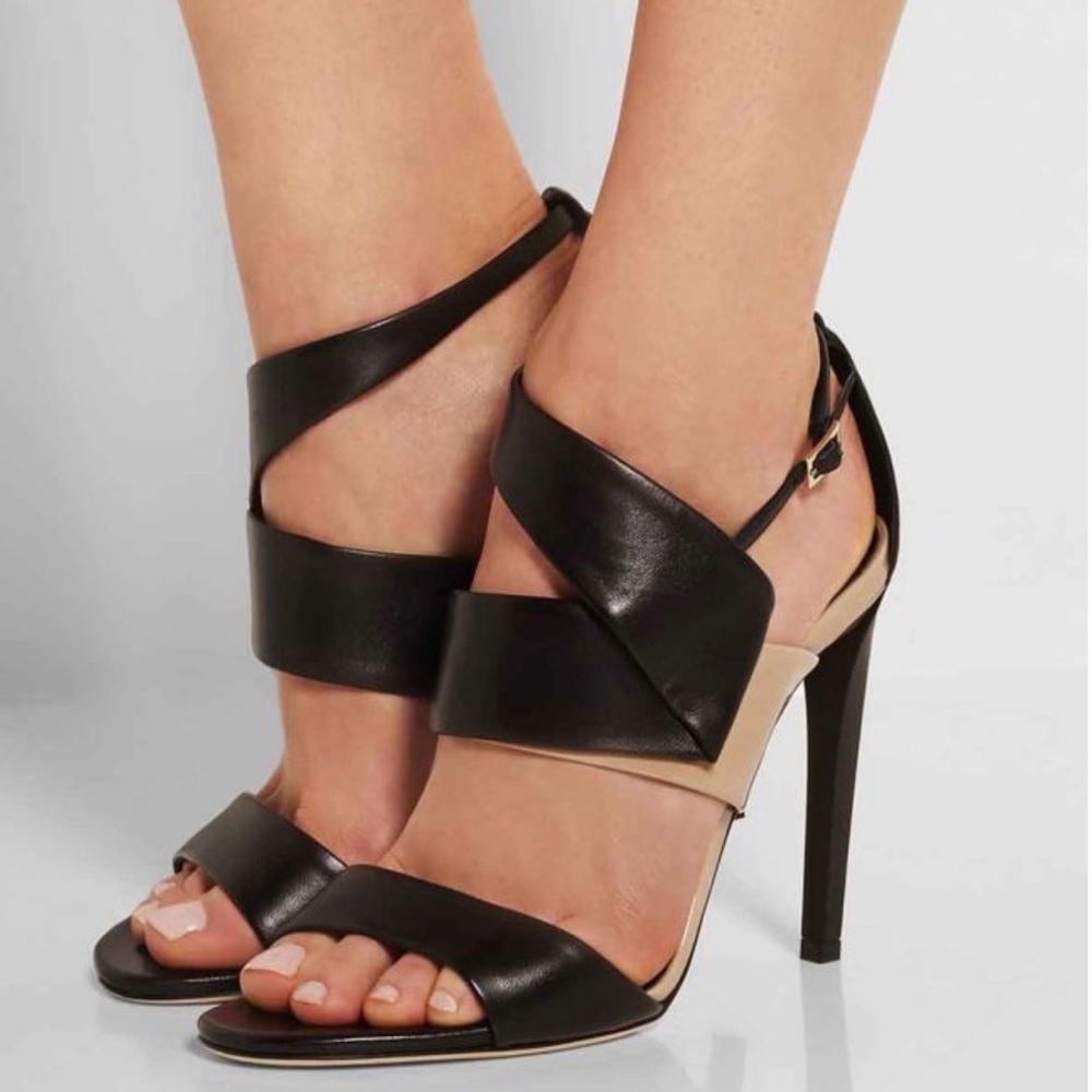 Jimmy Choo Black/Beige Leather Trapeze Strappy Sandals